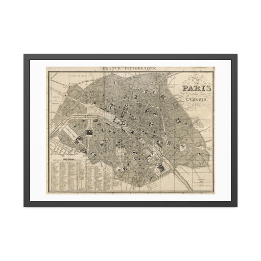 Paris 1834 Map Glass Framed Print