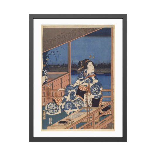 Moonlight View of Tsukuda with Lady on a Balcony by Utagawa Hiroshige Glass Framed Print