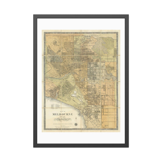 Melbourne 1898 Map Glass Framed Print