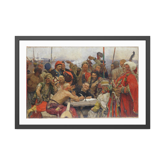 Reply of the Zaporozhian Cossacks to the Sultan by Ilya Repin Glass Framed Print