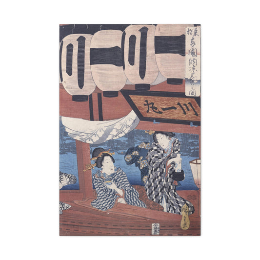 Enjoying the Fireworks and the Cool Evening at the Ryogoku Bridge by Utagawa Hiroshige Canvas Print