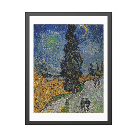 Road With Cypress by Vincent Van Gogh Glass Framed Print